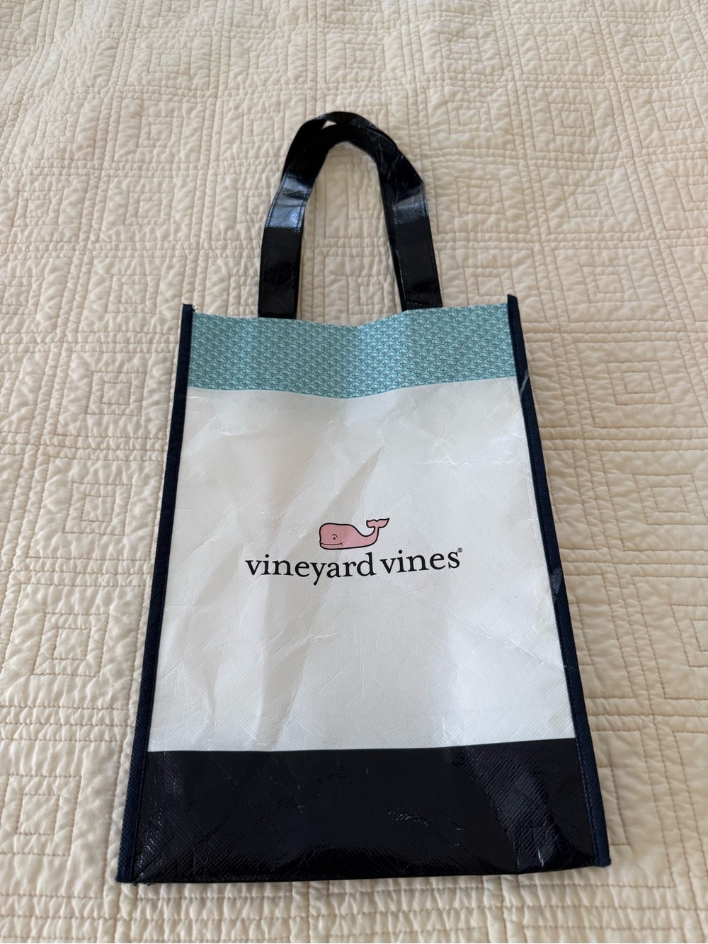 Vineyard Vines White Tote with Navy Trim and Pink Whale Logo